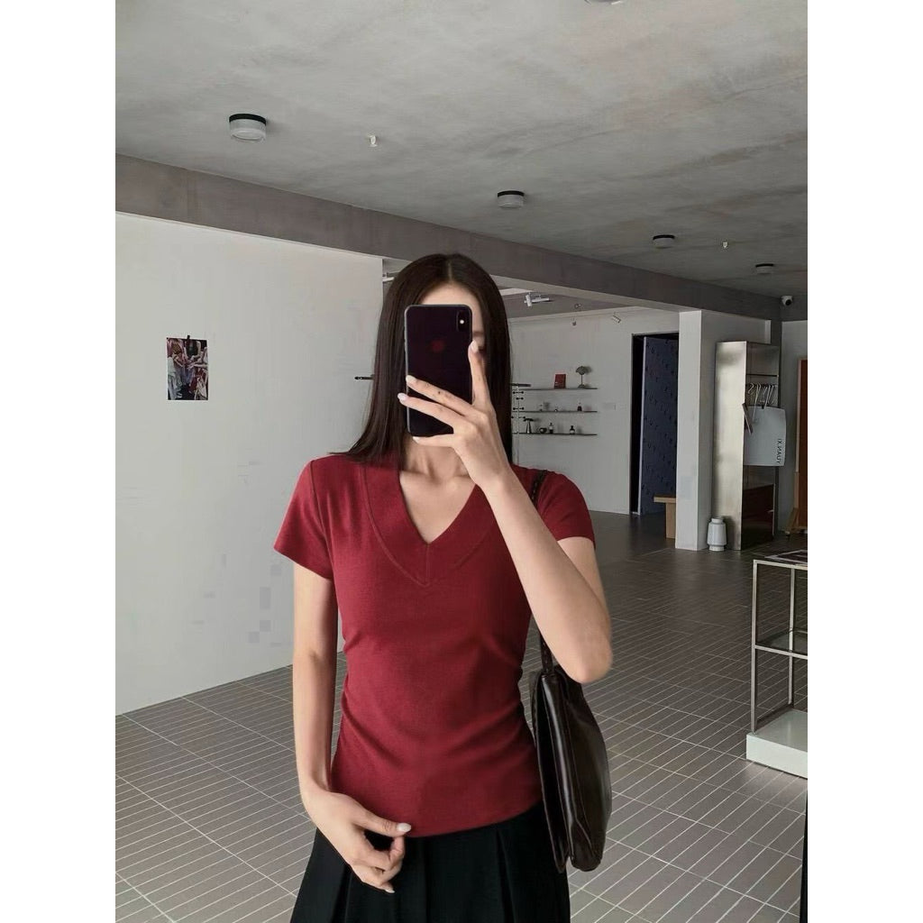 【T871】Ribbed V-Neck Slim Fit Tee ✨