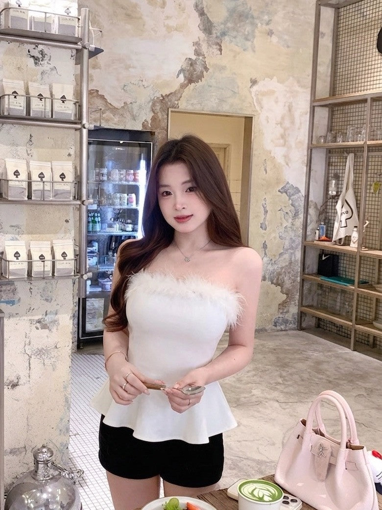 【T-1128】Sweet Sexy 甜美毛毛抹胸上衣~自带胸垫