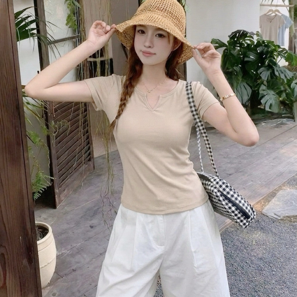 【T-1231】云朵软棉☁️小V领修身显瘦纯色百搭上衣
