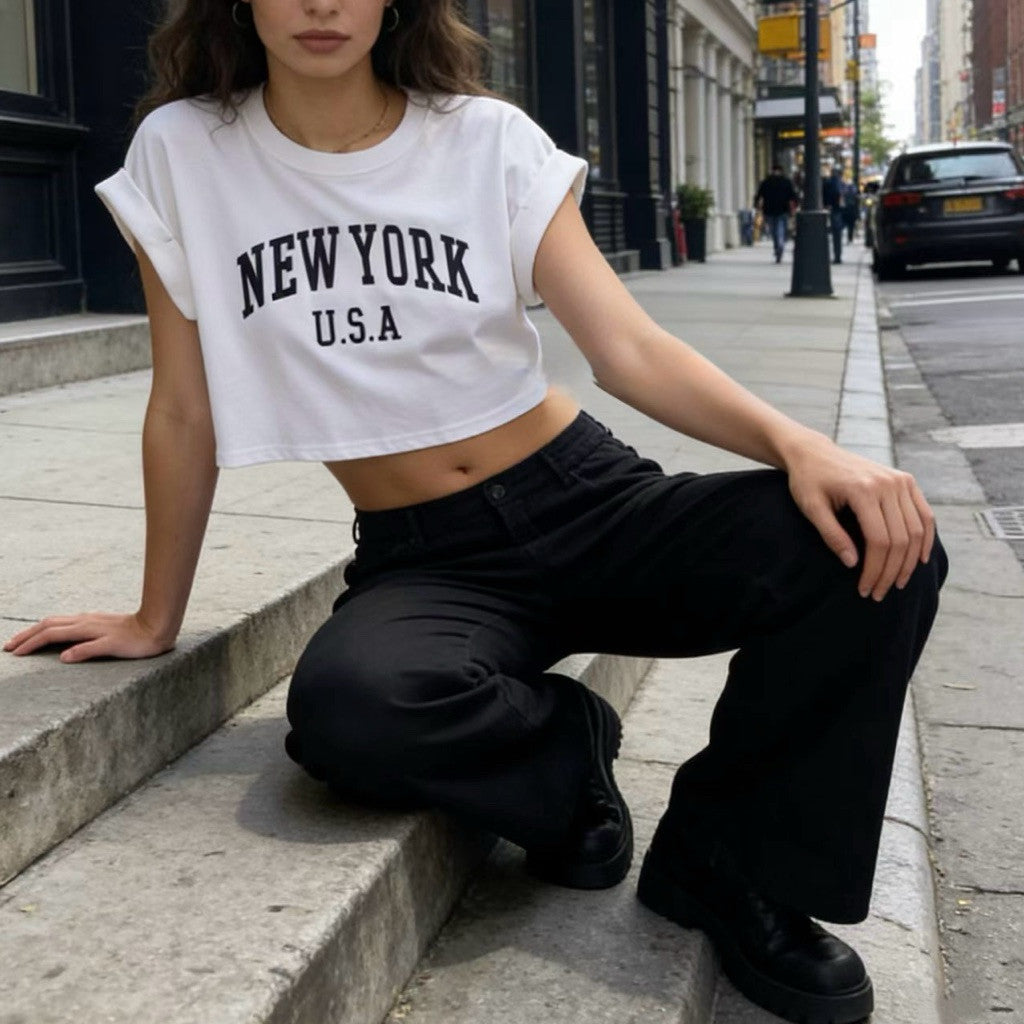 【T-1236】超百搭～自留！NEW YORK Loose Crop Top
