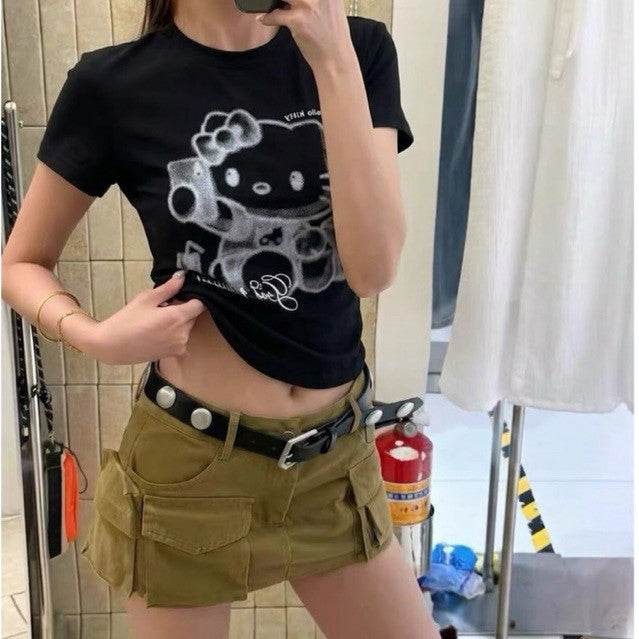 【T-1280】酷Girl 个性Hello Kitty 印花修身显瘦T恤上衣女 Cool Street Style Kitty Printed Slim Fit T-shirt Women Top