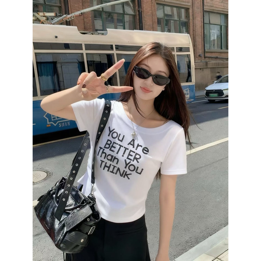 【T1109】INS 网红风韩版简约字母印花短袖T恤 女生修身露肩上衣 侧边抓皱设计 显瘦百搭T恤