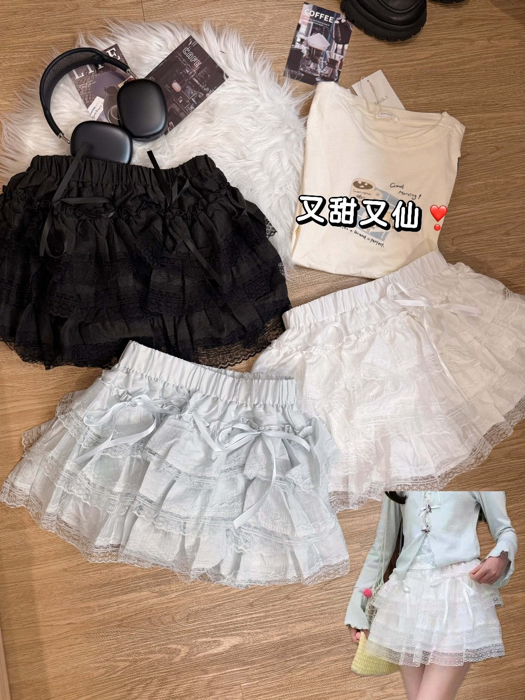 【T-1141】蕾丝蝴蝶结蛋糕裙 Sweet Tiered Ribbon Mini Skirt