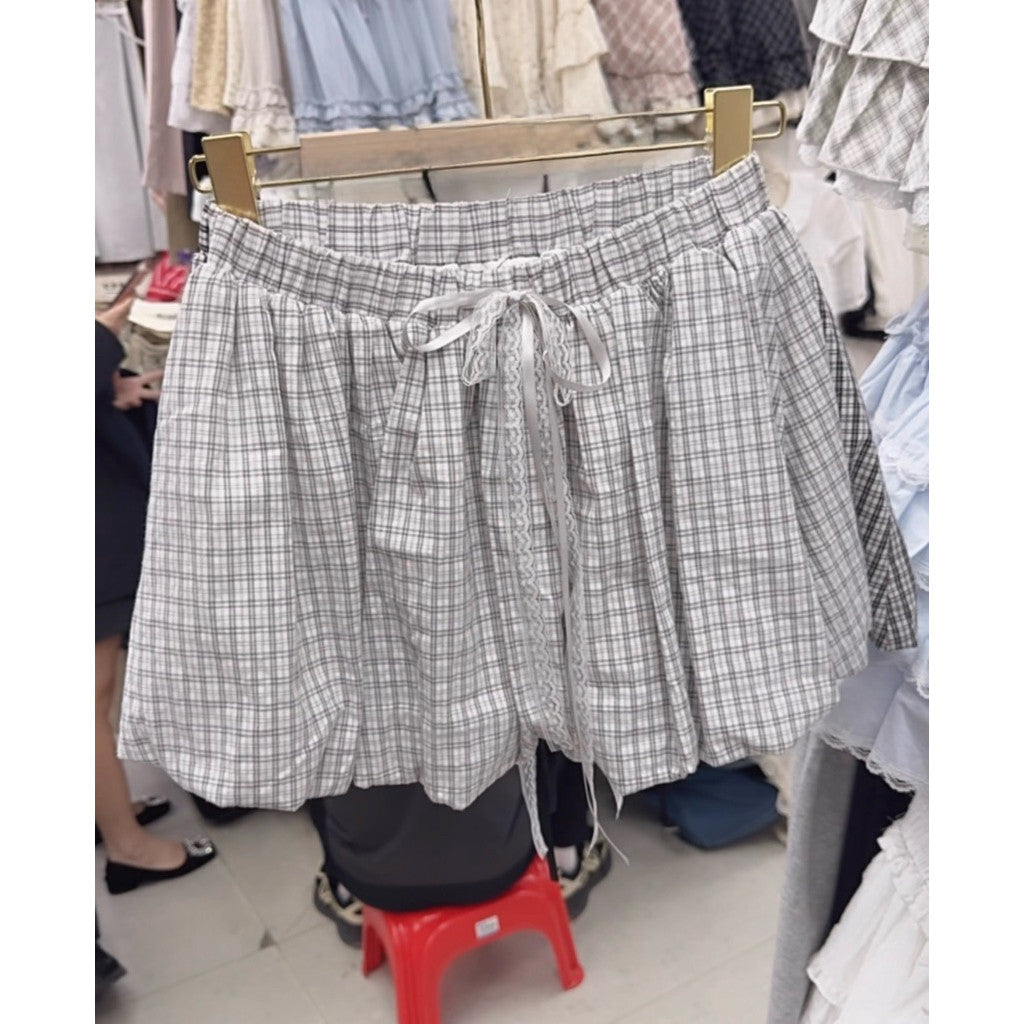 【T-1137】俏皮复古格纹花苞裙 自带安全裤~~