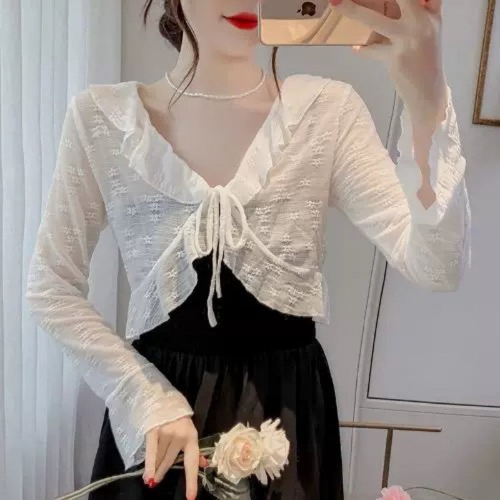 【T-1194】温柔风木耳边蕾丝防晒罩衫 Sweet Floral Lace Ruffle Outer