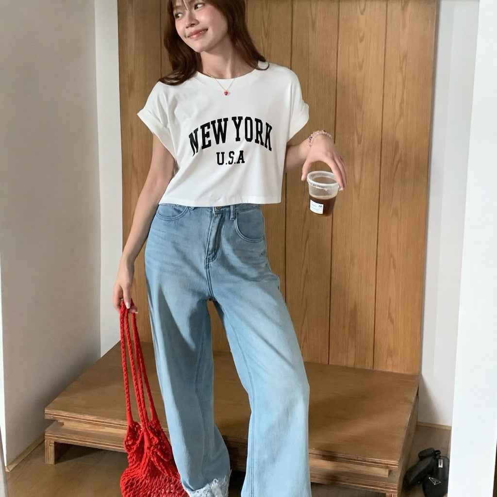 【T-1236】超百搭～自留！NEW YORK Loose Crop Top