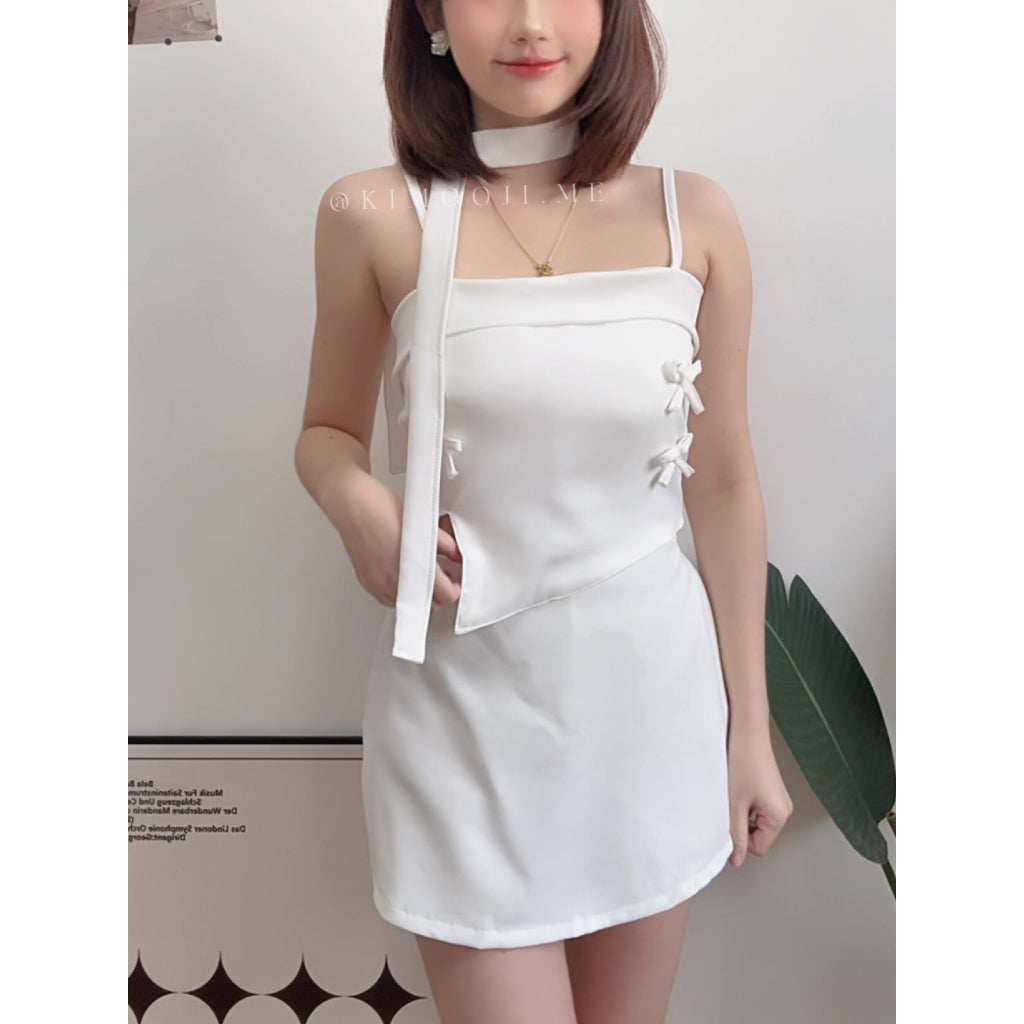 【T907】立体蝴蝶结Choker Set A line Skirt + Ribbon Singlet Top