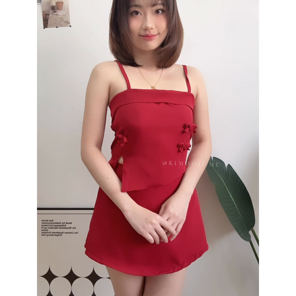 【T907】立体蝴蝶结Choker Set A line Skirt + Ribbon Singlet Top
