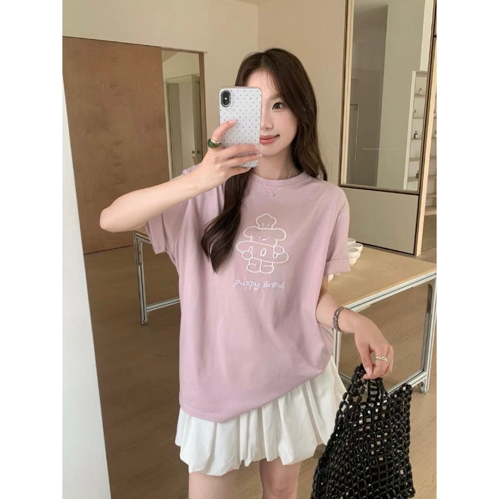 【T-1146】韩系减龄小狗 Oversize T恤 Women Cute Puppy Embroidery Loose Tee 显瘦百搭短袖 T-Shirt 爽滑棉 MD8078