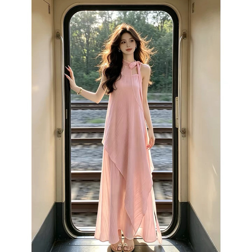 【T737】中式美女范 设计感不规则挂脖连衣裙