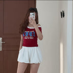 【T-1267】美式复古斜肩甜辣风修身上衣Y2K