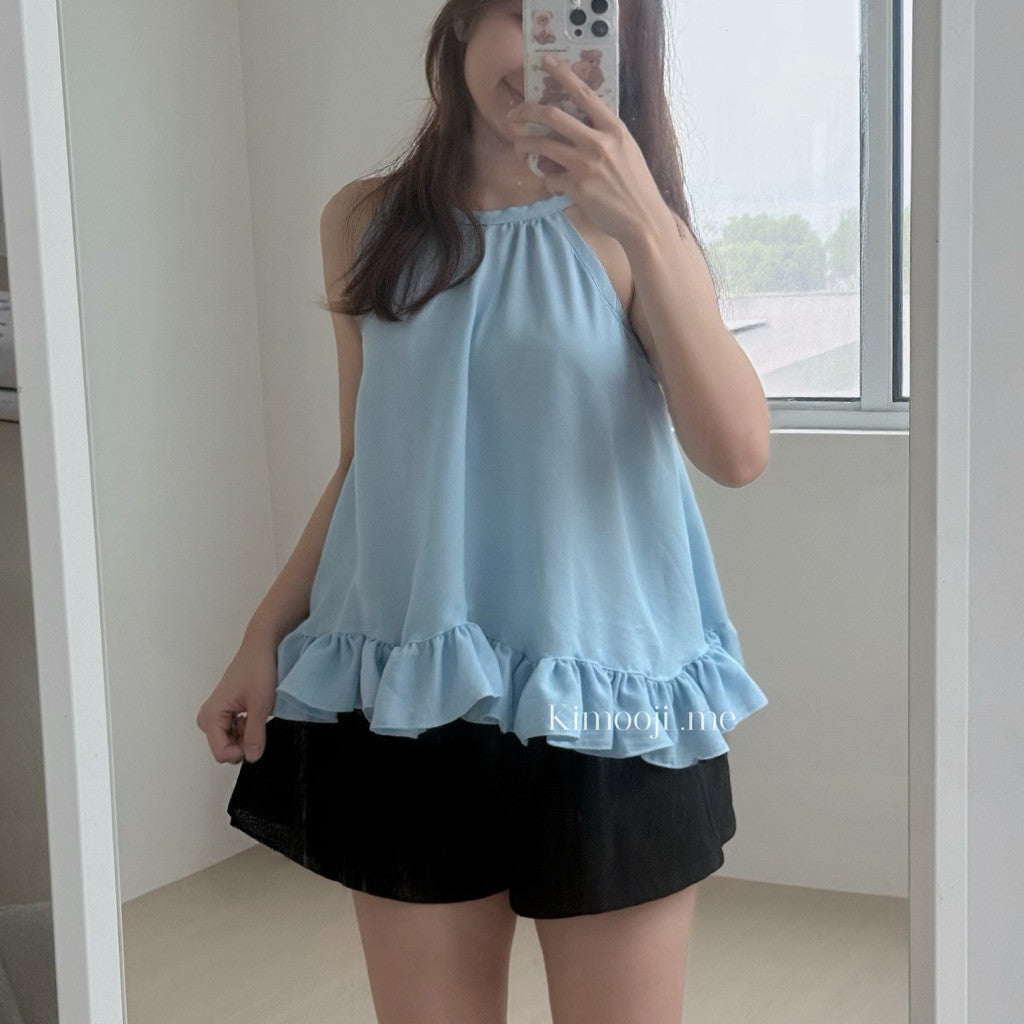 【T-1270】夏日度假氛围的挂脖荷叶边无袖娃娃衫☀️