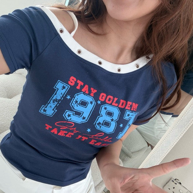 【T-1267】美式复古斜肩甜辣风修身上衣Y2K