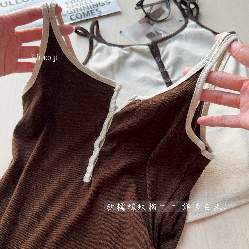 【T-1278】美拉德撞色系方领假纽扣背心