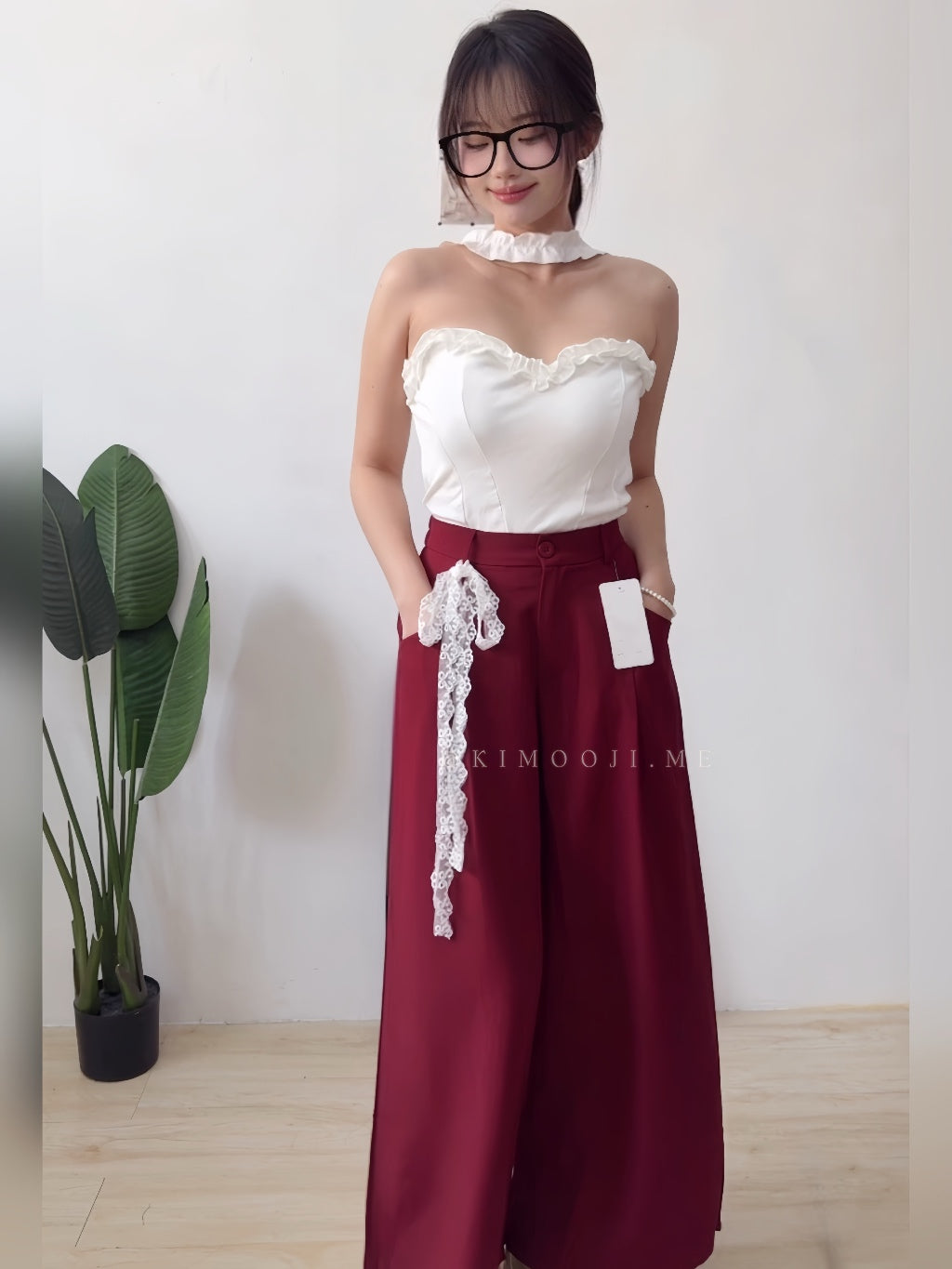 【T933】Lace Ribbon Wide Leg Pants 蕾丝绑带显瘦西装阔腿裤