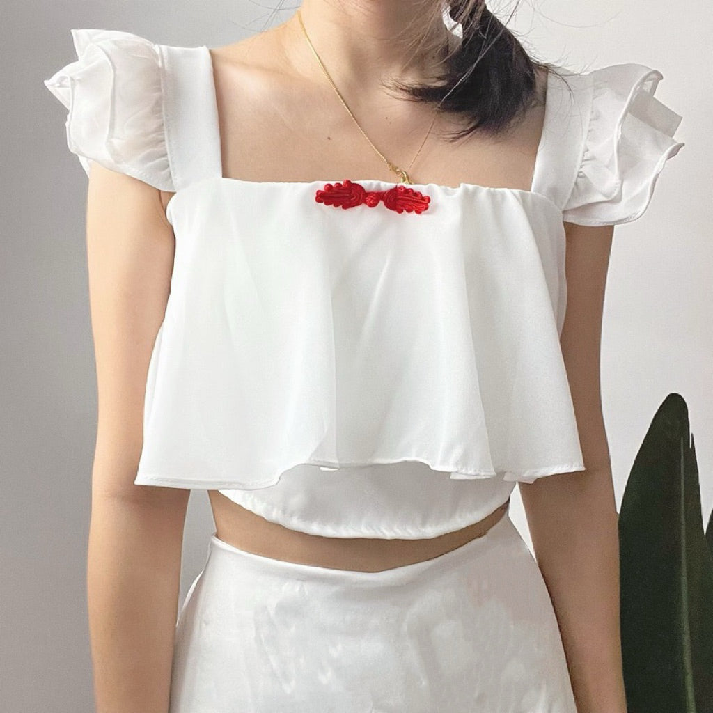 【T353】🎉CNY 2025🎉 气质满满！小飞袖网纱中国结新年套装 Chinese Knot Fly Sleeve CNY Set Skort Bottom 泰国现货套装