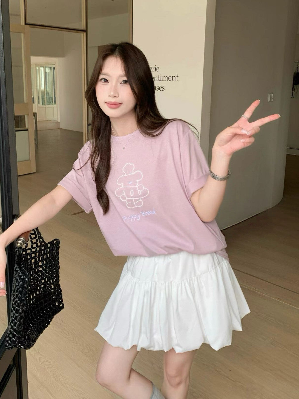 【T-1146】韩系减龄小狗 Oversize T恤 Women Cute Puppy Embroidery Loose Tee 显瘦百搭短袖 T-Shirt 爽滑棉 MD8078