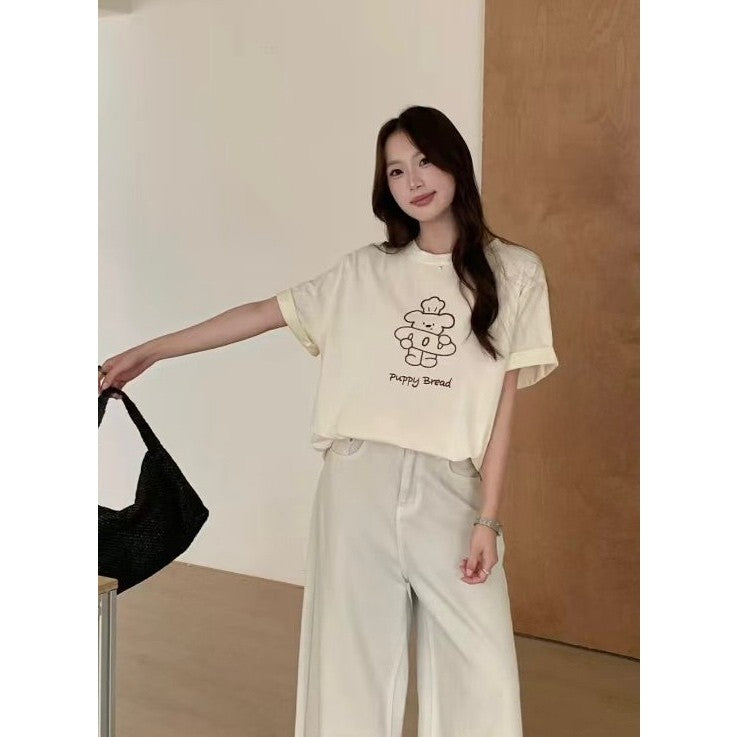【T-1146】韩系减龄小狗 Oversize T恤 Women Cute Puppy Embroidery Loose Tee 显瘦百搭短袖 T-Shirt 爽滑棉 MD8078