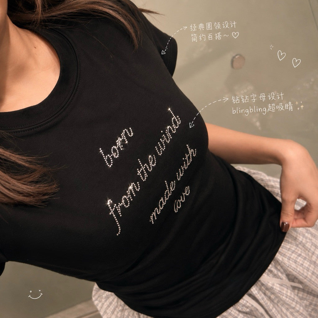 【T-1181】✨韩系修身Sparkle Tee 带钻女短袖上衣 显瘦辣妹T恤 Bling字母短版上衣 Clean Girl Top Free Size NF813