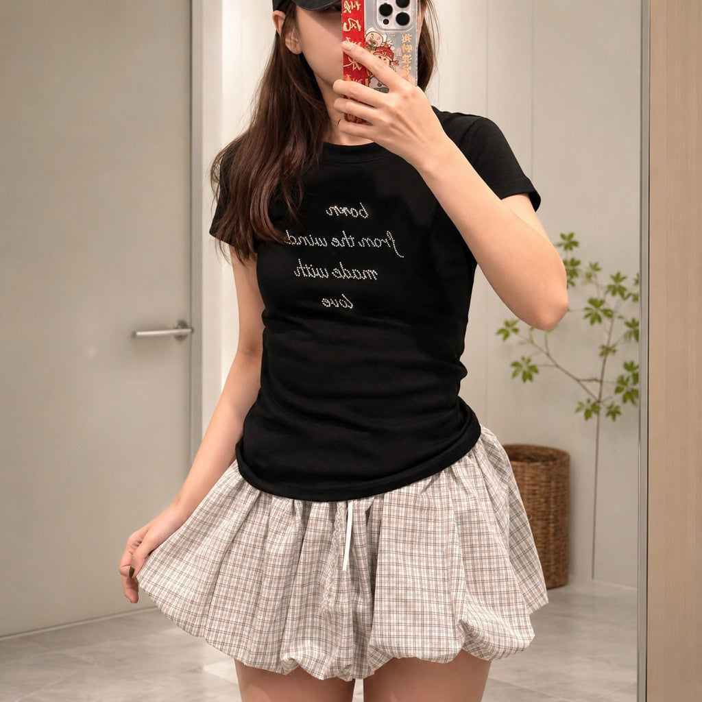 【T-1181】✨韩系修身Sparkle Tee 带钻女短袖上衣 显瘦辣妹T恤 Bling字母短版上衣 Clean Girl Top Free Size NF813