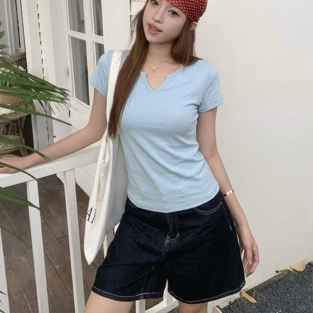 【T-1231】云朵软棉☁️小V领修身显瘦纯色百搭上衣