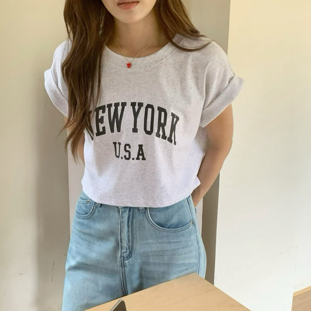 【T-1236】超百搭～自留！NEW YORK Loose Crop Top