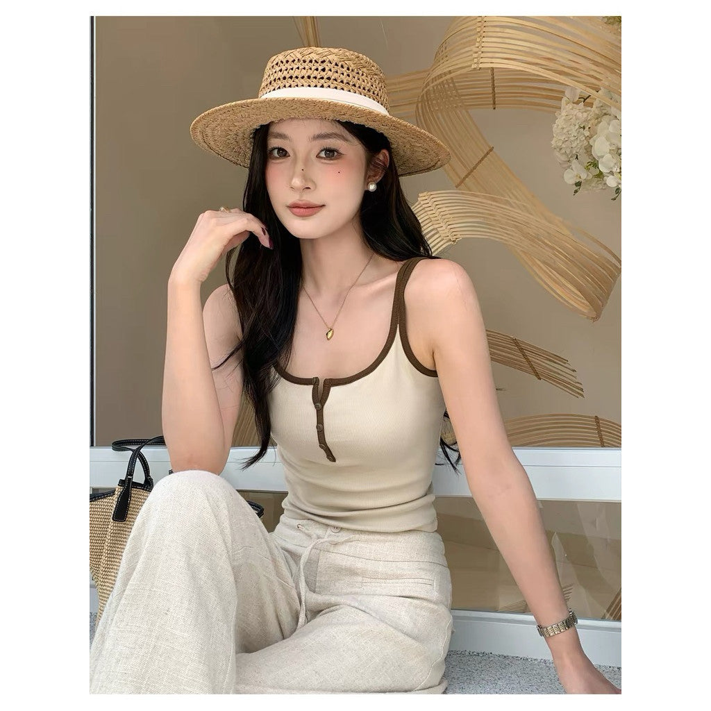 【T-1278】美拉德撞色系方领假纽扣背心
