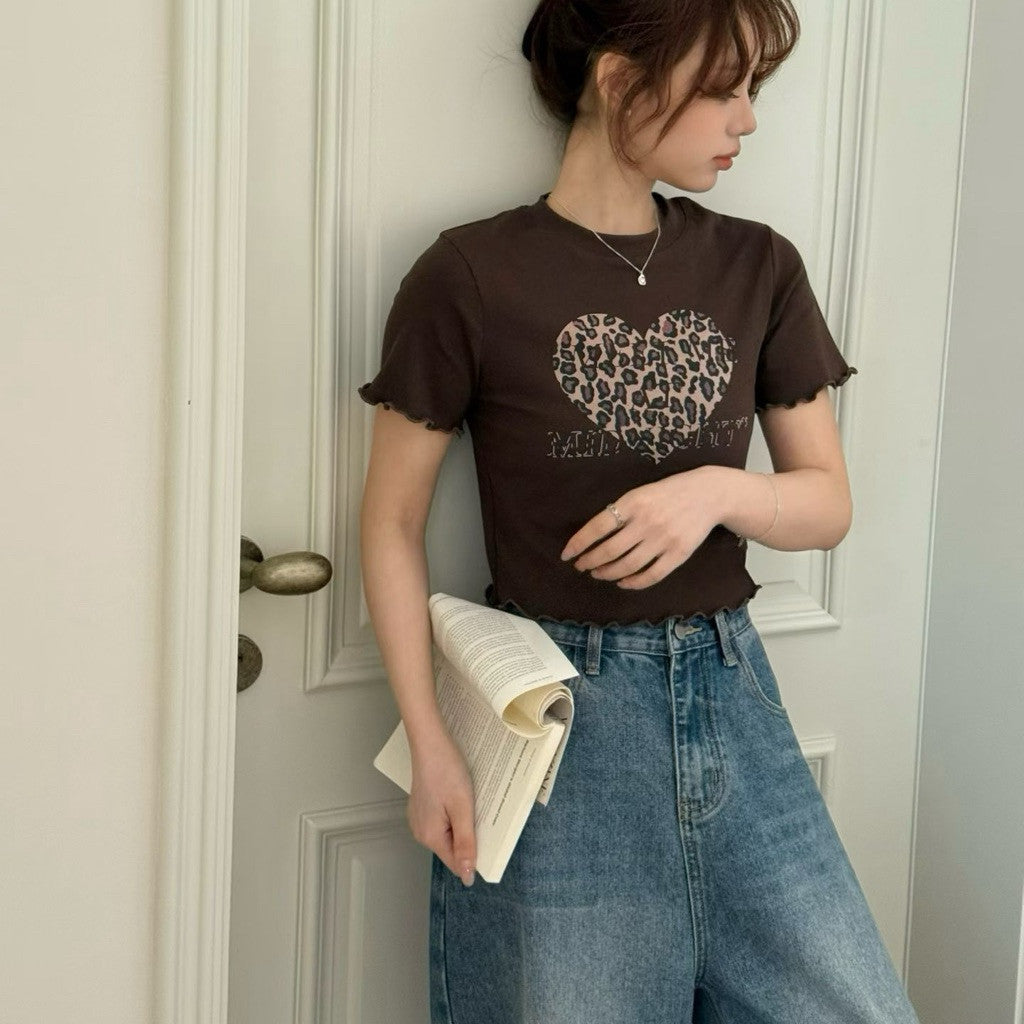【T-1201】美式辣妹豹纹印花木耳边女Tee