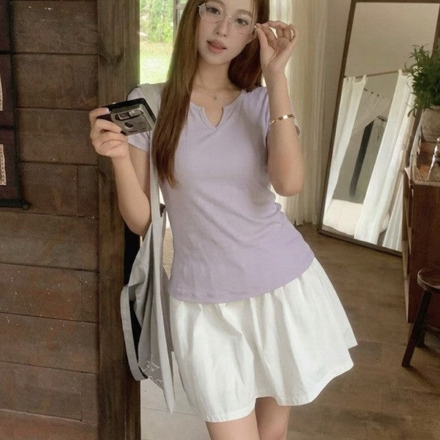 【T-1231】云朵软棉☁️小V领修身显瘦纯色百搭上衣