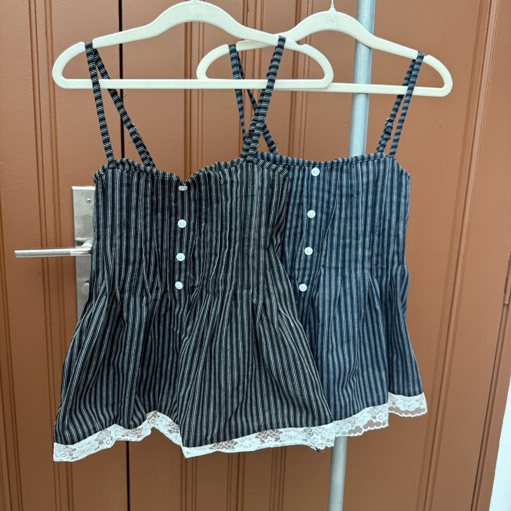 【T-1242】复古风蕾丝拼接条纹吊带背心女