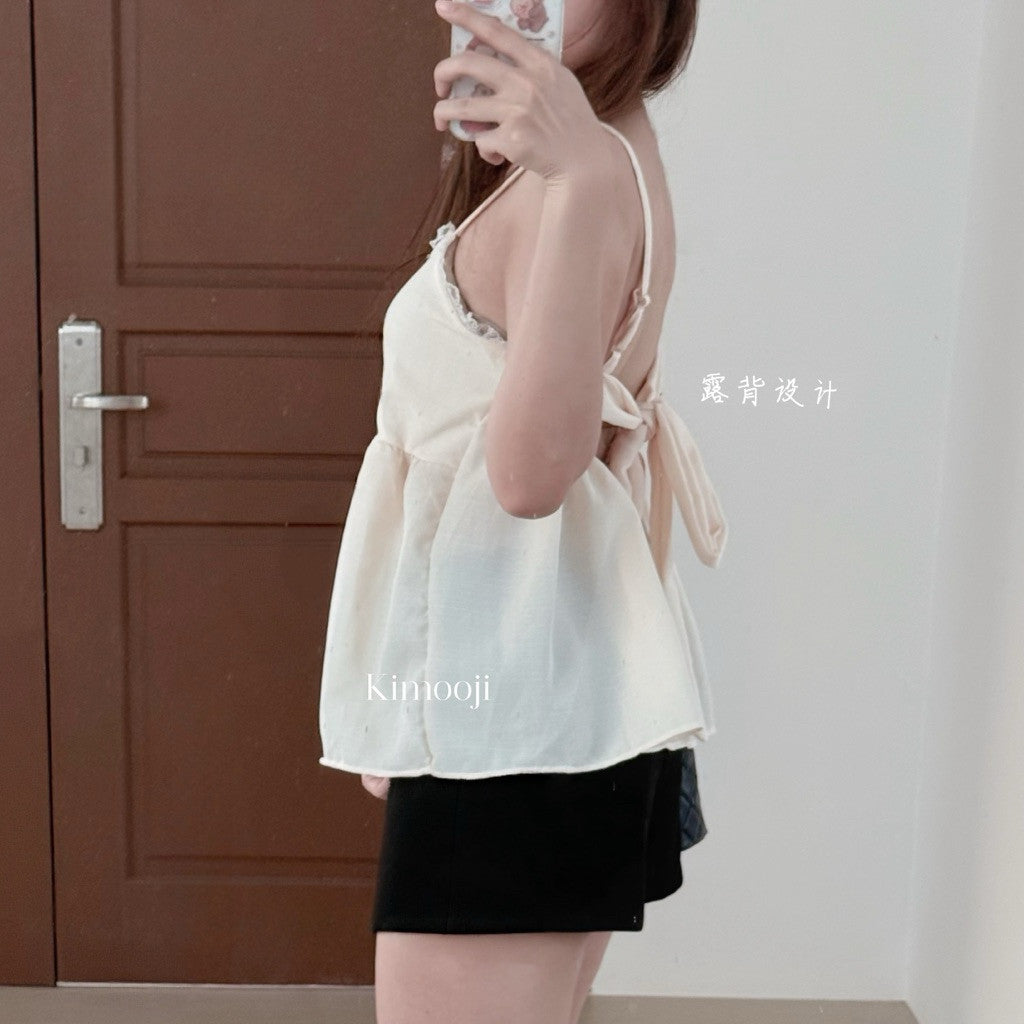 【T-1279】Sexy Back 度假风甜美蕾丝花边吊带上衣