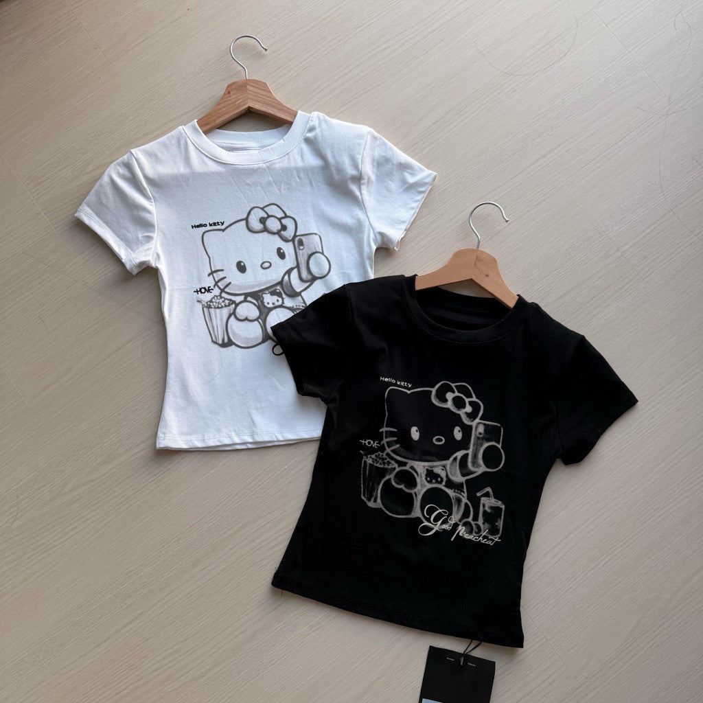 【T-1280】酷Girl 个性Hello Kitty 印花修身显瘦T恤上衣女 Cool Street Style Kitty Printed Slim Fit T-shirt Women Top