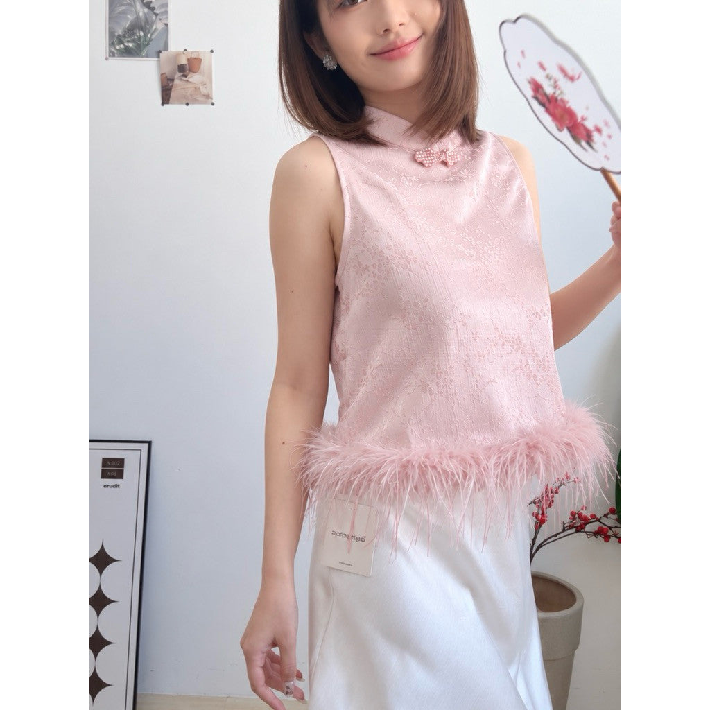 【T-1381】🧧🎉CNY🧧🎉小富婆🧧轻奢风名媛毛毛拼接旗袍上衣 2027 Furry Cheongsam Singlet Top 新年穿搭女装 KIMOOJI 现货