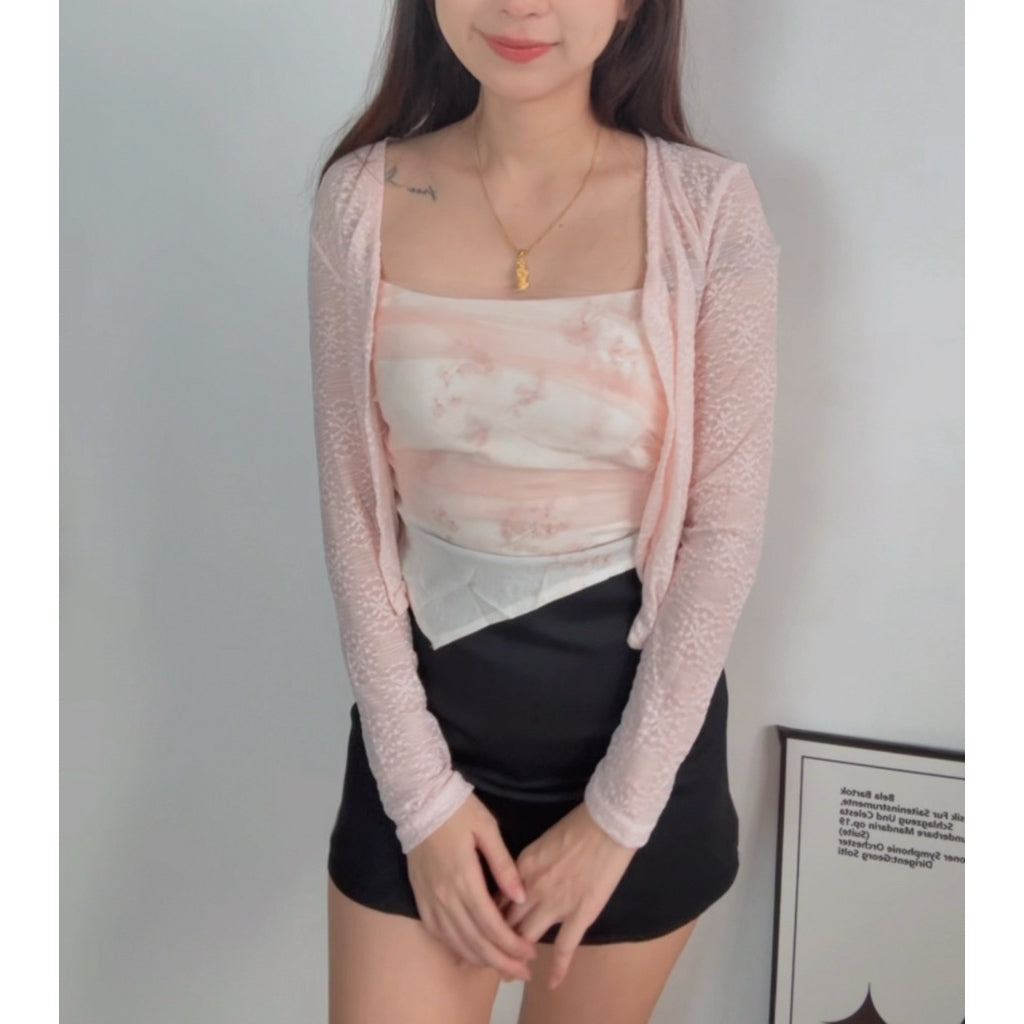 【T562】新中式💗小清新水墨画自带胸垫背心+蕾丝针织外套开衫两件套