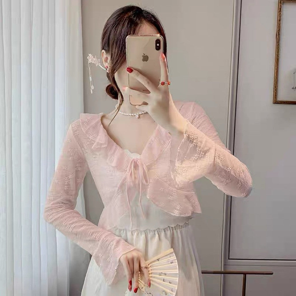 【T-1194】温柔风木耳边蕾丝防晒罩衫 Sweet Floral Lace Ruffle Outer