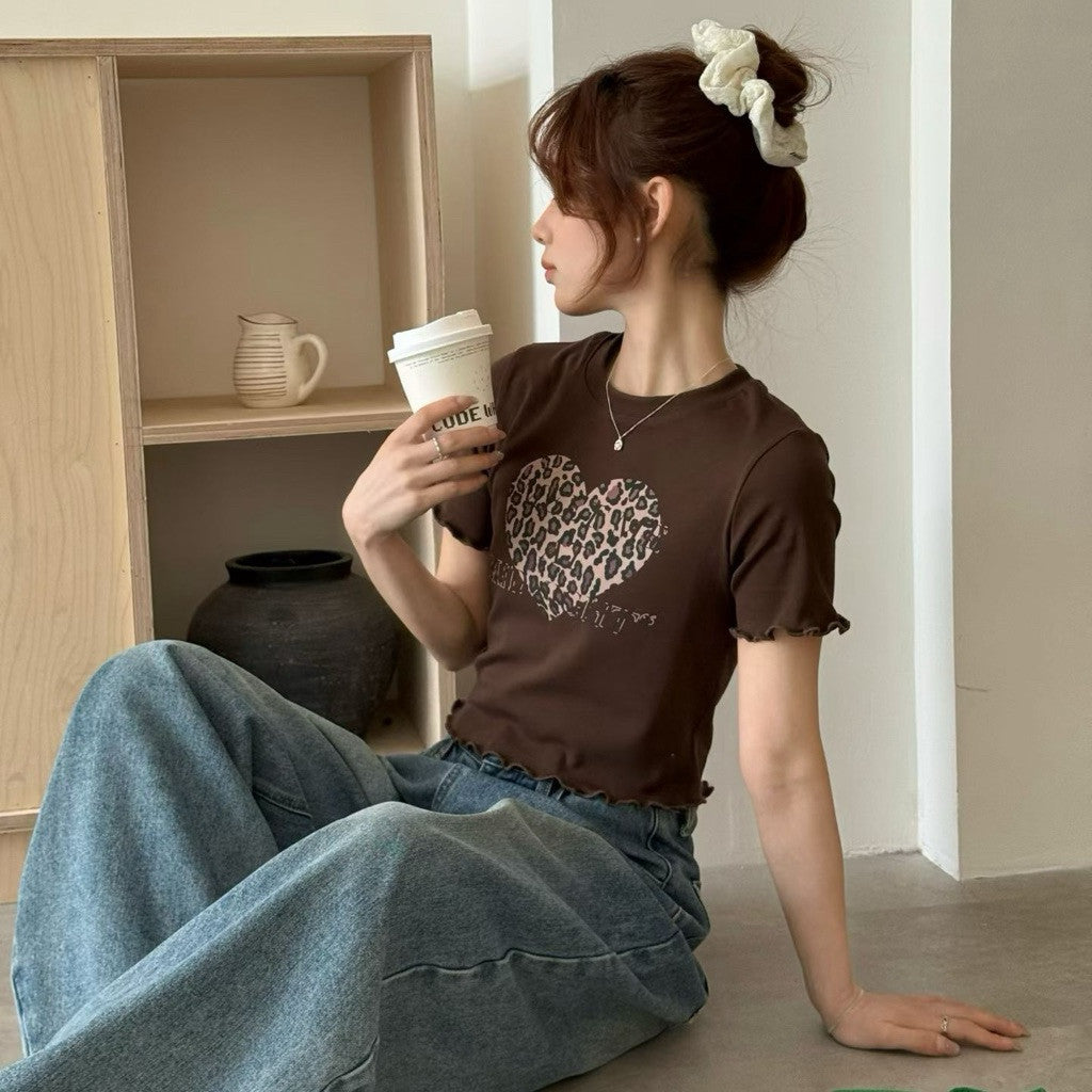 【T-1201】美式辣妹豹纹印花木耳边女Tee