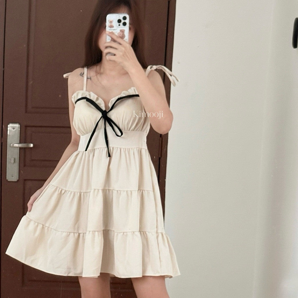【T-1274】甜美撞色蝴蝶结吊带裙 Sweet Bow Vacation Dress
