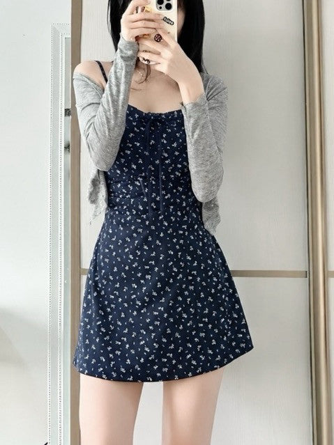 【T-1297】🔥碎花吊带连衣裙漂亮裙（不含外套）