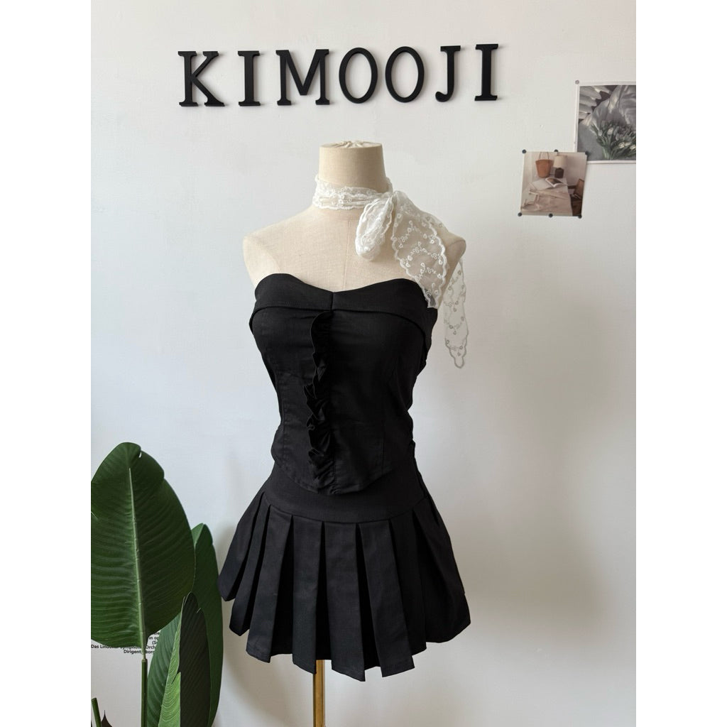 【T889】小个子Soft Denim Tank Tube Top + Pleated Inner Skirt