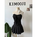 【T889】小个子Soft Denim Tank Tube Top + Pleated Inner Skirt