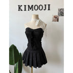 【T889】小个子Soft Denim Tank Tube Top + Pleated Inner Skirt