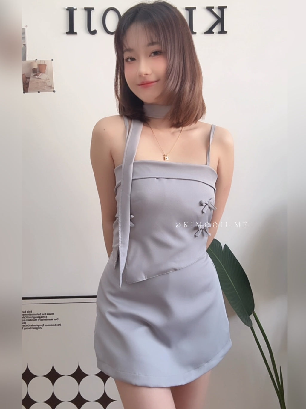 【T907】立体蝴蝶结Choker Set A line Skirt + Ribbon Singlet Top