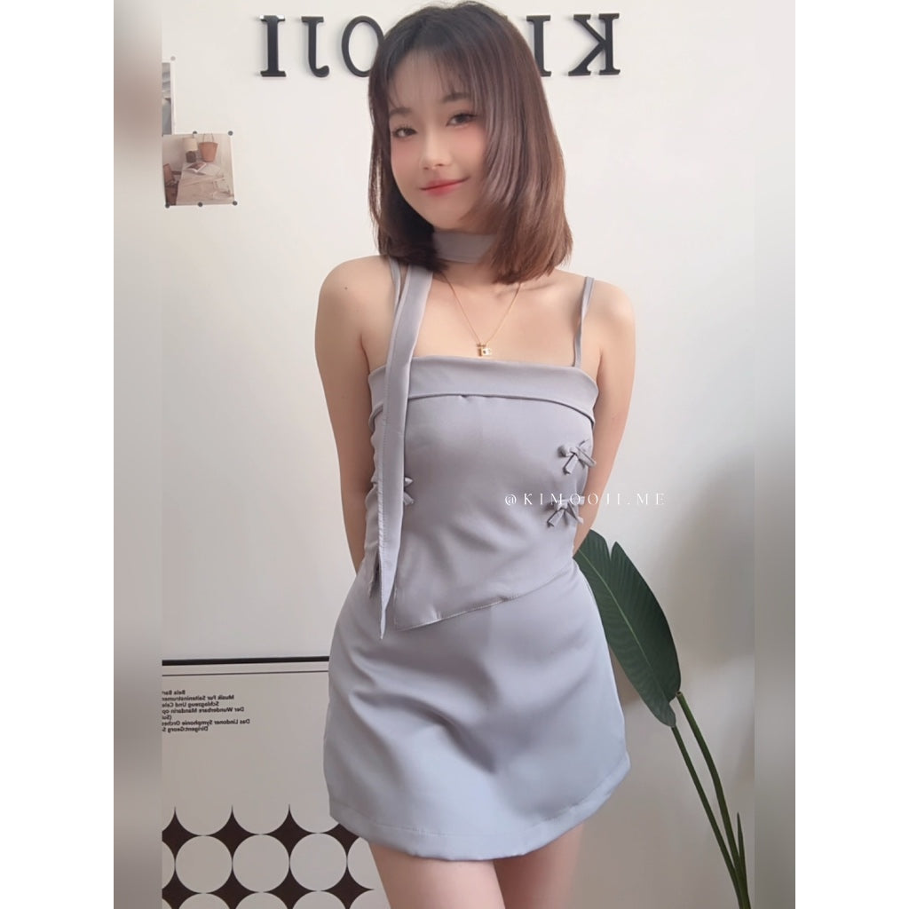 【T907】立体蝴蝶结Choker Set A line Skirt + Ribbon Singlet Top