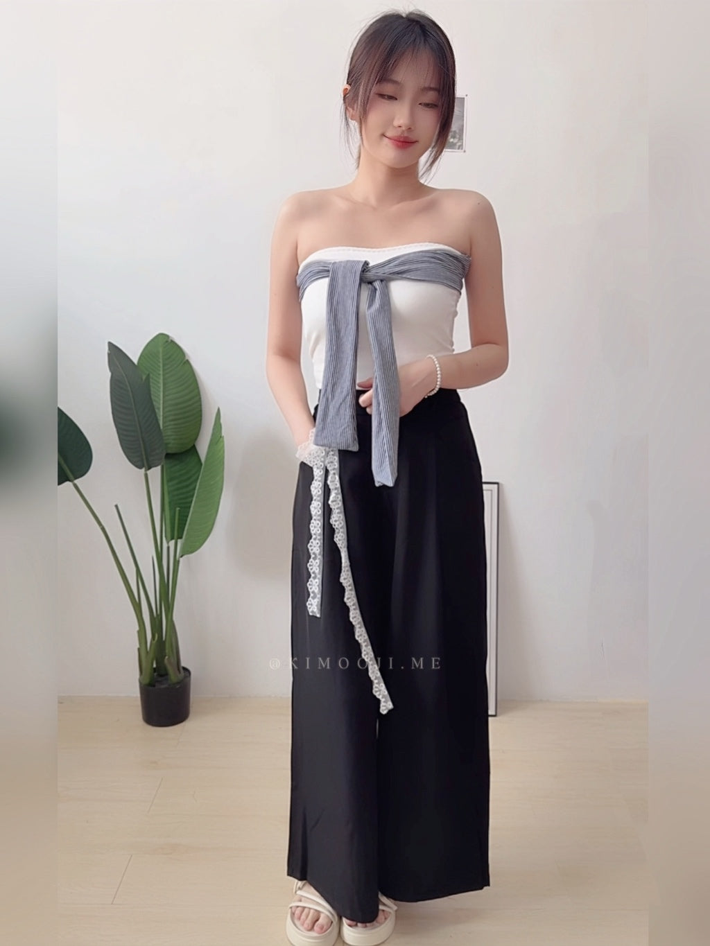 【T933】Lace Ribbon Wide Leg Pants 蕾丝绑带显瘦西装阔腿裤