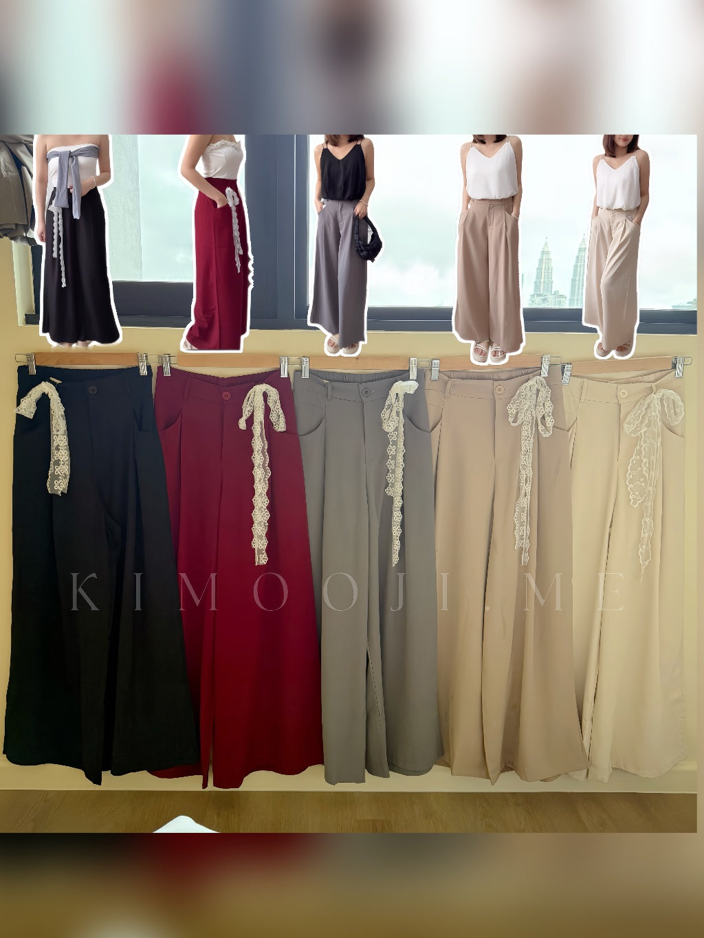 【T933】Lace Ribbon Wide Leg Pants 蕾丝绑带显瘦西装阔腿裤