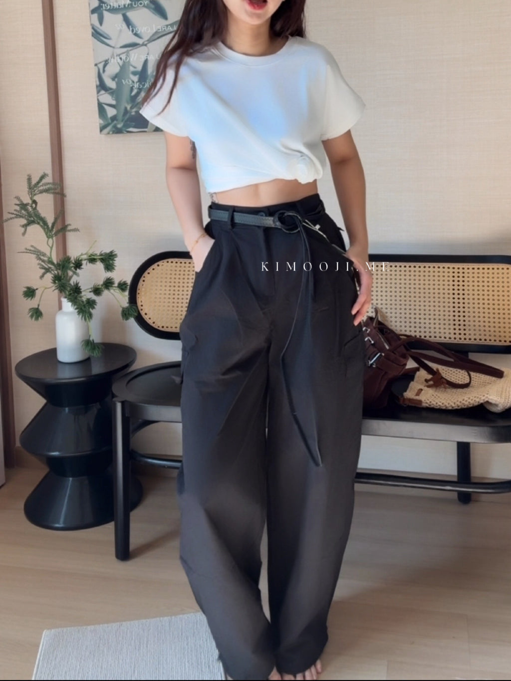 【T973】美式辣妹高腰配腰带工装长裤