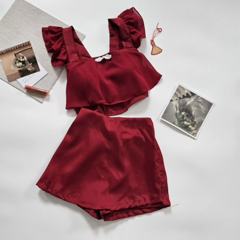 【T353】🎉CNY 2025🎉 气质满满！小飞袖网纱中国结新年套装 Chinese Knot Fly Sleeve CNY Set Skort Bottom 泰国现货套装