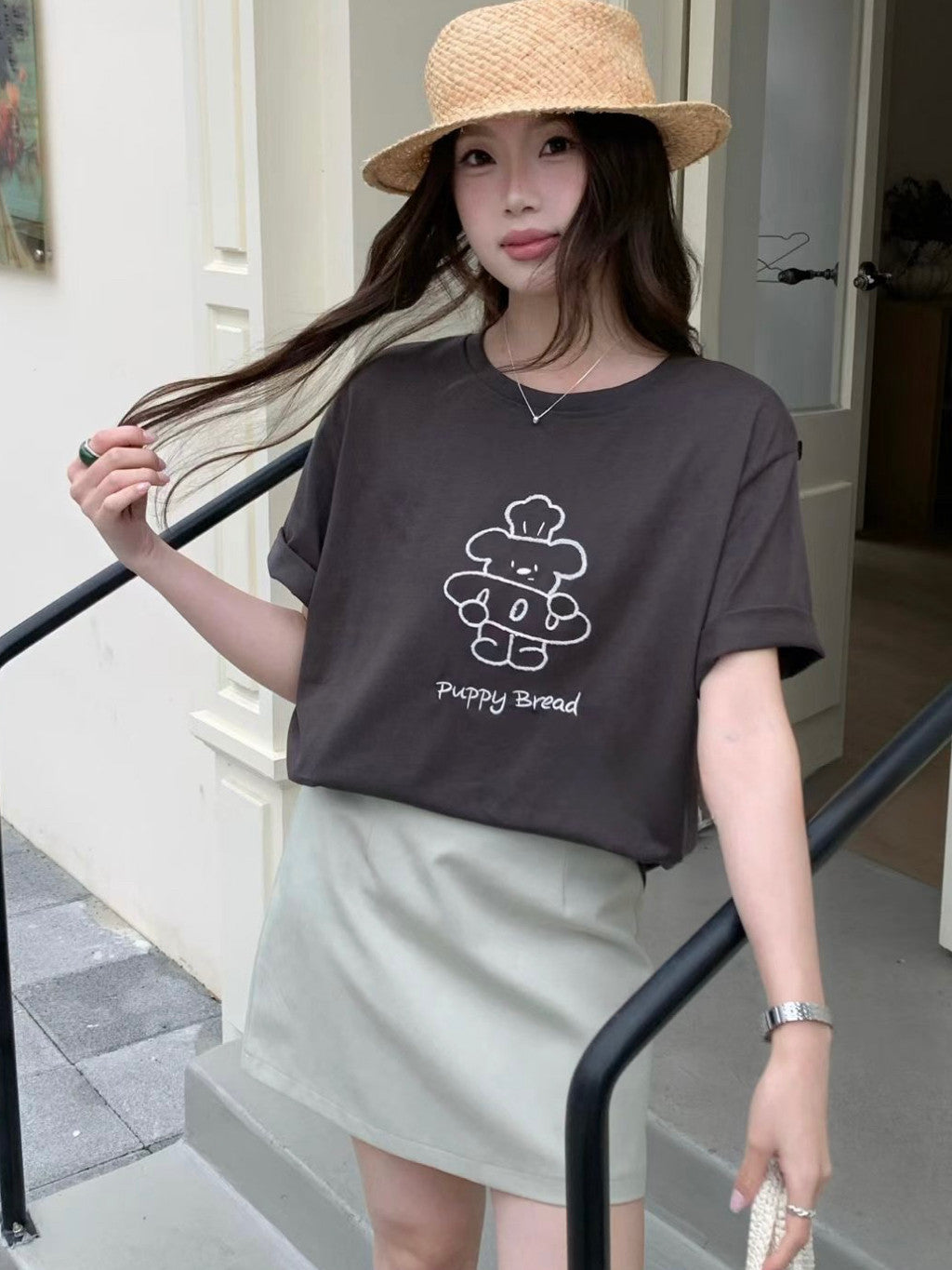 【T-1146】韩系减龄小狗 Oversize T恤 Women Cute Puppy Embroidery Loose Tee 显瘦百搭短袖 T-Shirt 爽滑棉 MD8078