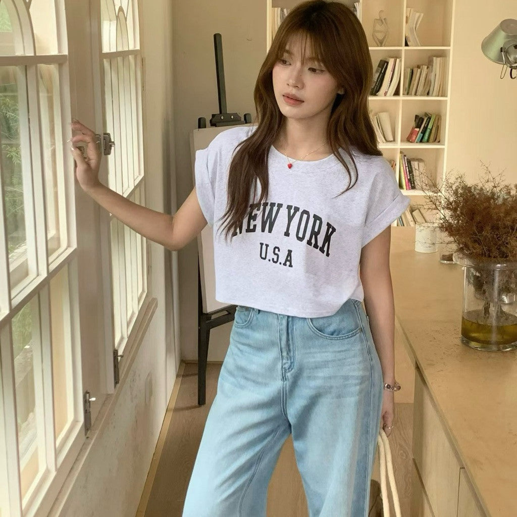 【T-1236】超百搭～自留！NEW YORK Loose Crop Top
