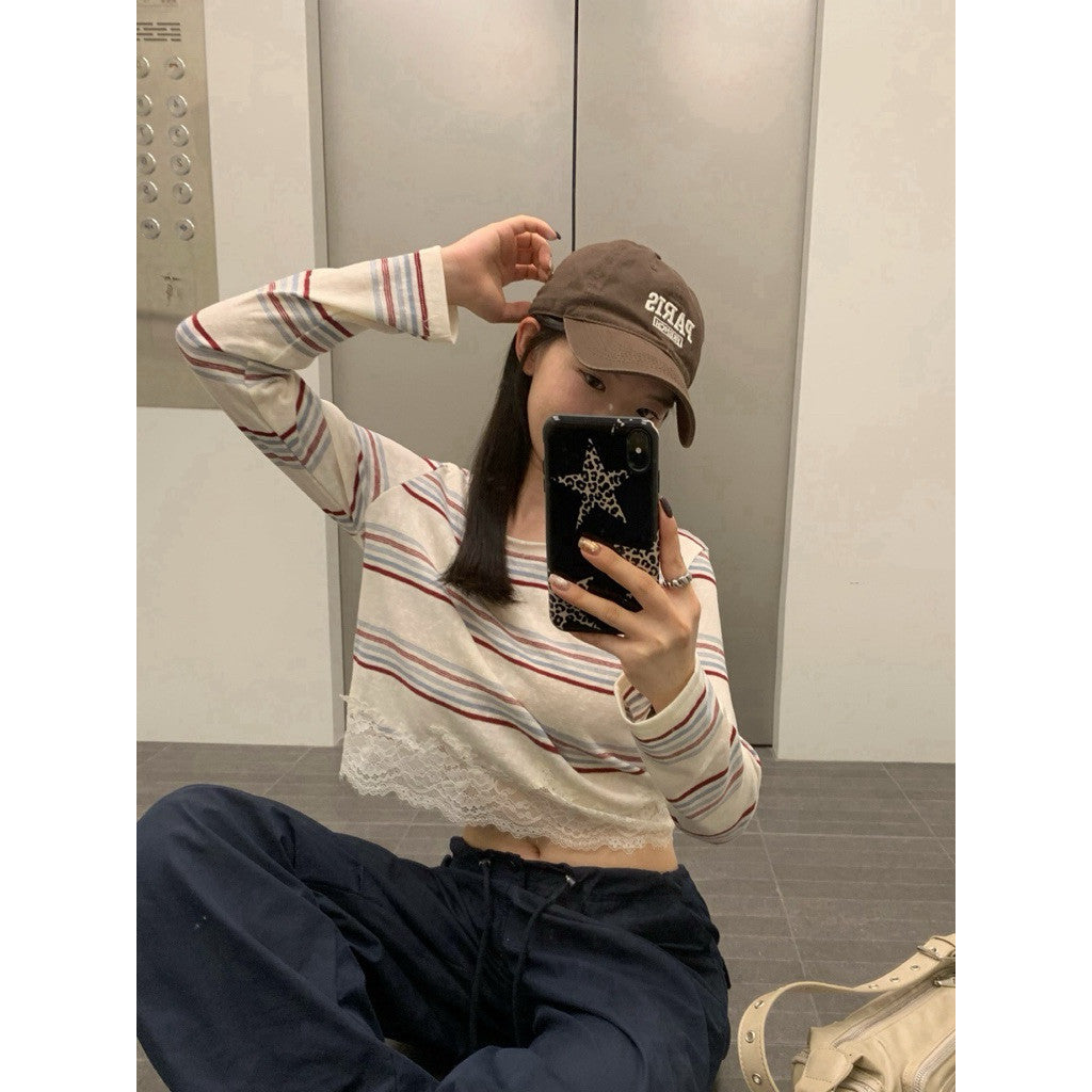 【T-1321】午后松弛☁️条纹蕾丝短款长袖手工绣花上衣 Women Long Sleeve Off Shoulder Stripe Top with Lace Casual Blouse 10889